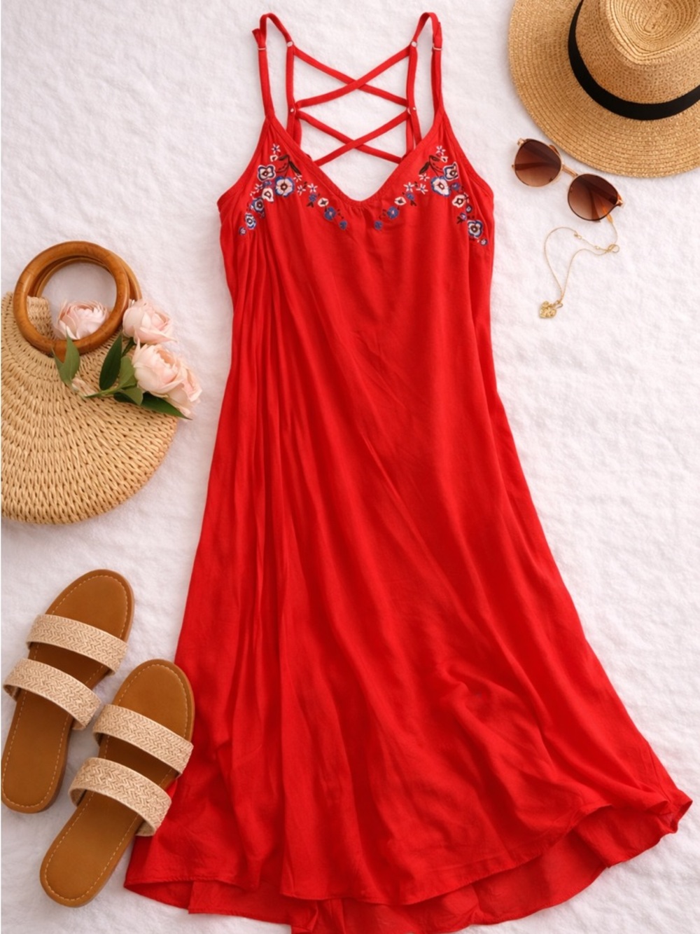 Rue21 Red Strappy Embroidered Mini Dress